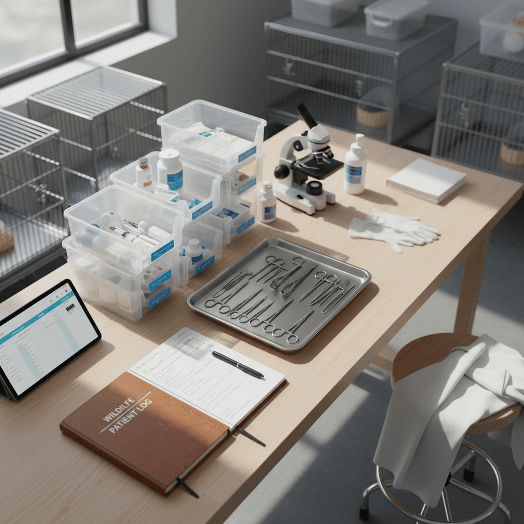 Organized care station with medical supplies and documentation at the rehab center