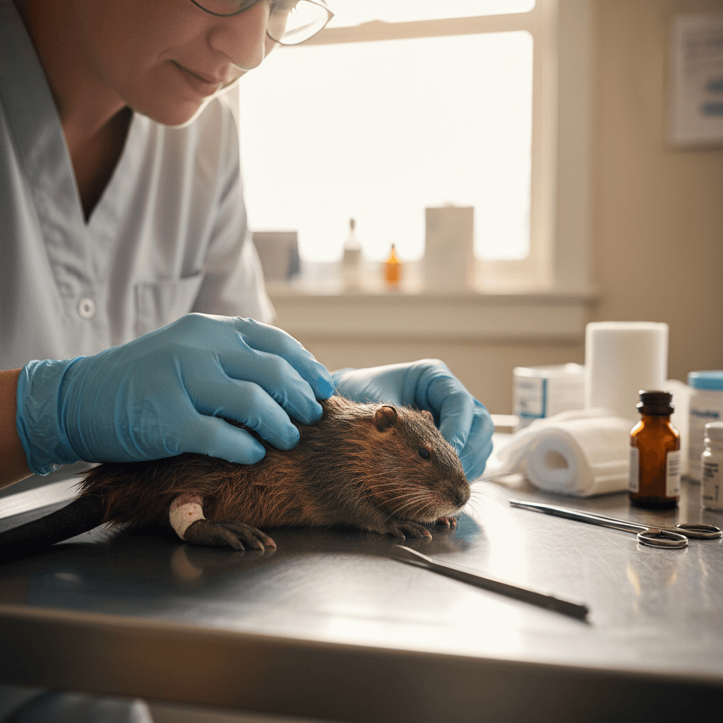 Wildlife rehabilitator examining an injured muskrat during initial assessment