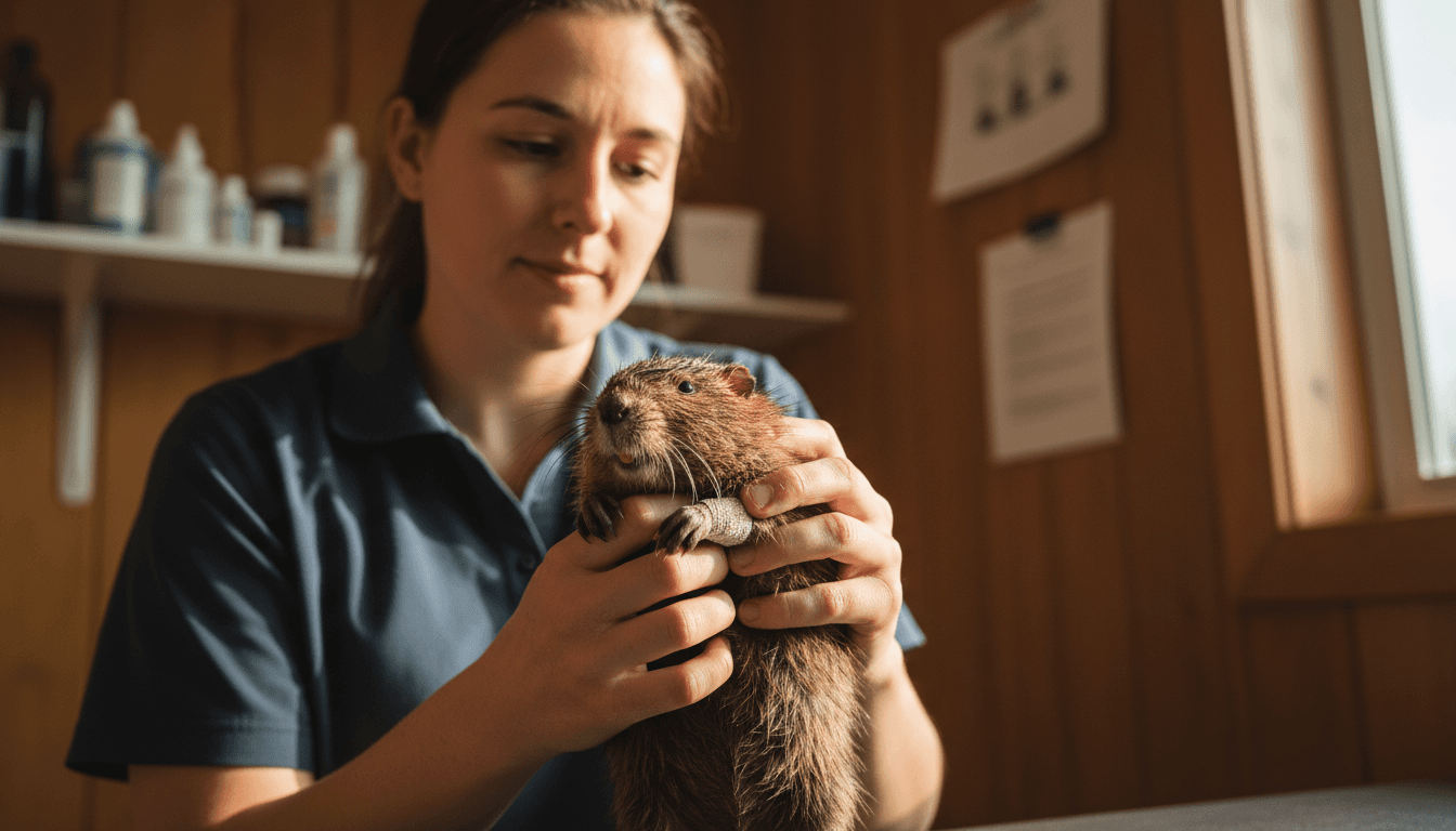 Wildlife rehabilitator carefully examining an injured muskrat with gentle, expert hands in a rehabilitation center