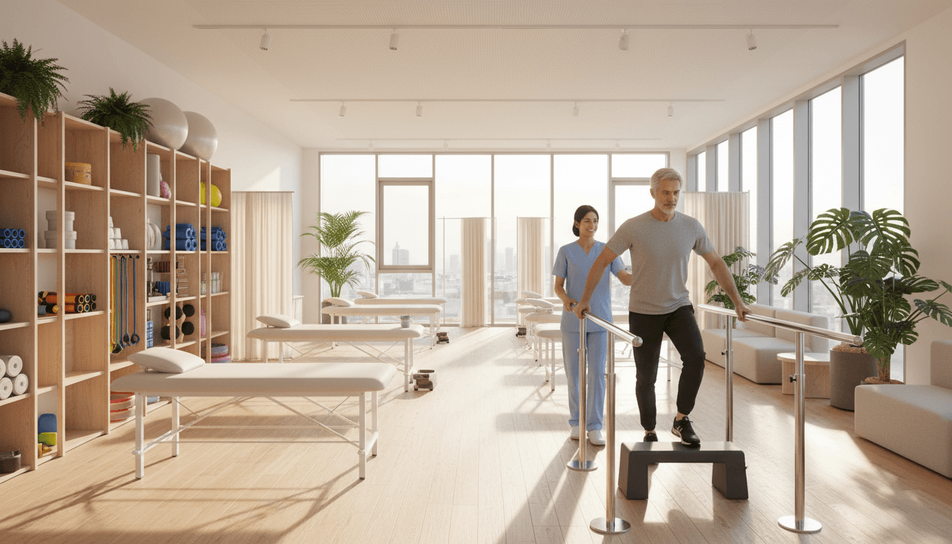 Rehabilitation facility workspace with organized treatment stations