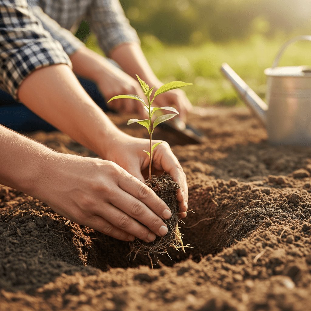 Hands planting native wetland vegetation in soil